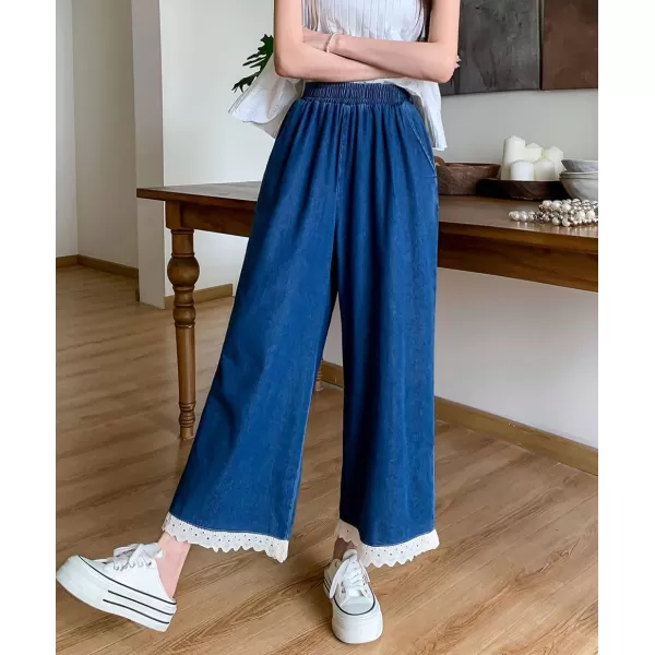 chouyatou Womens Casual Elastic Waist Denim Pants Lace Eyelet Hem Wide Leg Jean Capris Palazzo Culottes with PocketsDark Blue