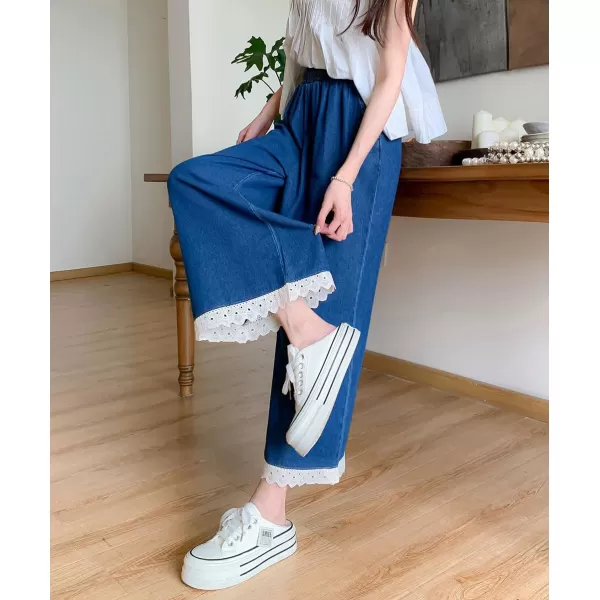 chouyatou Womens Casual Elastic Waist Denim Pants Lace Eyelet Hem Wide Leg Jean Capris Palazzo Culottes with PocketsDark Blue