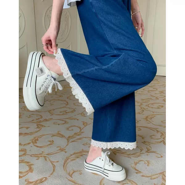 chouyatou Womens Casual Elastic Waist Denim Pants Lace Eyelet Hem Wide Leg Jean Capris Palazzo Culottes with PocketsDark Blue