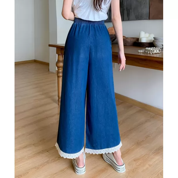 chouyatou Womens Casual Elastic Waist Denim Pants Lace Eyelet Hem Wide Leg Jean Capris Palazzo Culottes with PocketsDark Blue