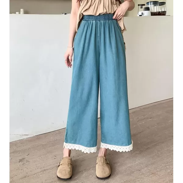 chouyatou Womens Casual Elastic Waist Denim Pants Lace Eyelet Hem Wide Leg Jean Capris Palazzo Culottes with PocketsLight Blue