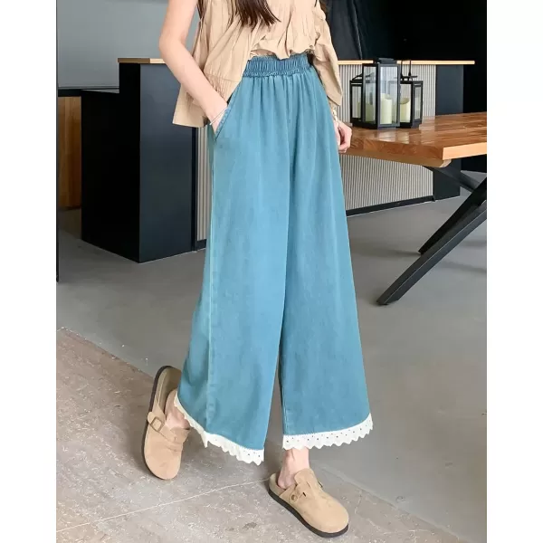 chouyatou Womens Casual Elastic Waist Denim Pants Lace Eyelet Hem Wide Leg Jean Capris Palazzo Culottes with PocketsLight Blue