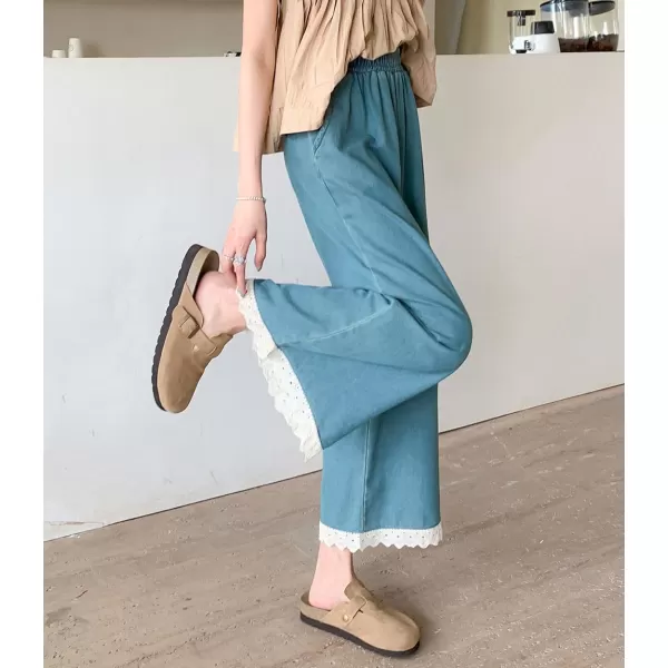 chouyatou Womens Casual Elastic Waist Denim Pants Lace Eyelet Hem Wide Leg Jean Capris Palazzo Culottes with PocketsLight Blue