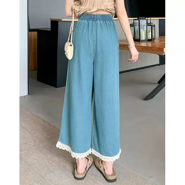 chouyatou Womens Casual Elastic Waist Denim Pants Lace Eyelet Hem Wide Leg Jean Capris Palazzo Culottes with PocketsLight Blue