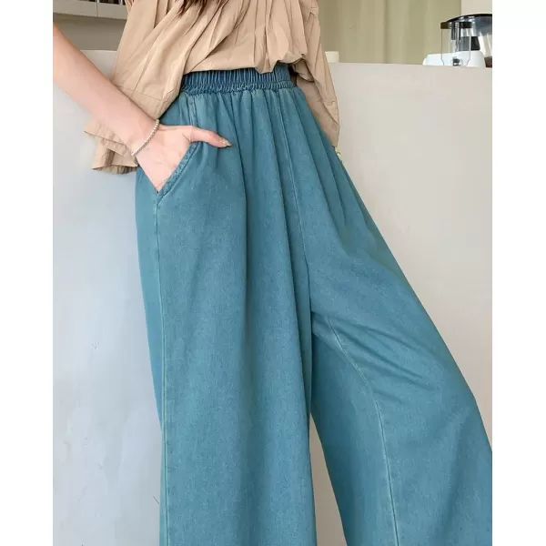 chouyatou Womens Casual Elastic Waist Denim Pants Lace Eyelet Hem Wide Leg Jean Capris Palazzo Culottes with PocketsLight Blue
