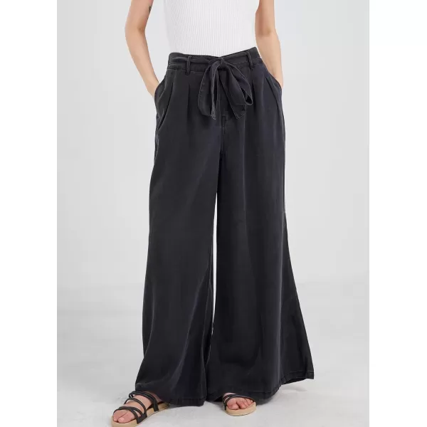 chouyatou Womens Casual Tie Knot Denim Pant High Waist Wide Leg Dressy Jean Pants Palazzo Culottes with PocketsBlack