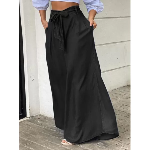 chouyatou Womens Casual Tie Knot Denim Pant High Waist Wide Leg Dressy Jean Pants Palazzo Culottes with PocketsBlack