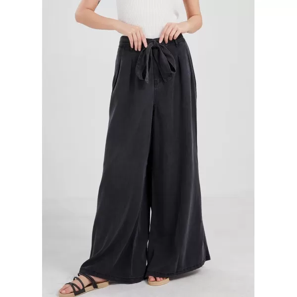 chouyatou Womens Casual Tie Knot Denim Pant High Waist Wide Leg Dressy Jean Pants Palazzo Culottes with PocketsBlack
