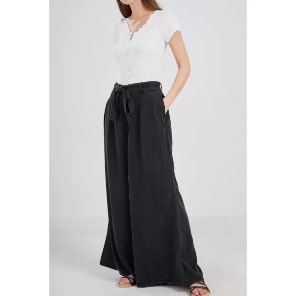 chouyatou Womens Casual Tie Knot Denim Pant High Waist Wide Leg Dressy Jean Pants Palazzo Culottes with PocketsBlack