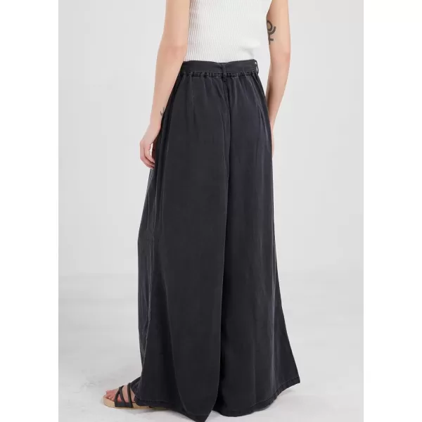 chouyatou Womens Casual Tie Knot Denim Pant High Waist Wide Leg Dressy Jean Pants Palazzo Culottes with PocketsBlack