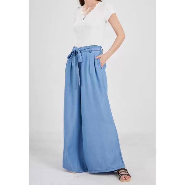 chouyatou Womens Casual Tie Knot Denim Pant High Waist Wide Leg Dressy Jean Pants Palazzo Culottes with PocketsBlue