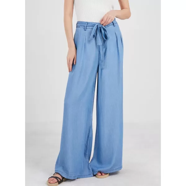 chouyatou Womens Casual Tie Knot Denim Pant High Waist Wide Leg Dressy Jean Pants Palazzo Culottes with PocketsBlue
