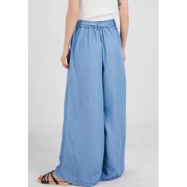 chouyatou Womens Casual Tie Knot Denim Pant High Waist Wide Leg Dressy Jean Pants Palazzo Culottes with PocketsBlue
