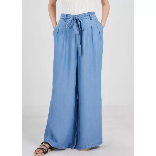 chouyatou Womens Casual Tie Knot Denim Pant High Waist Wide Leg Dressy Jean Pants Palazzo Culottes with PocketsBlue