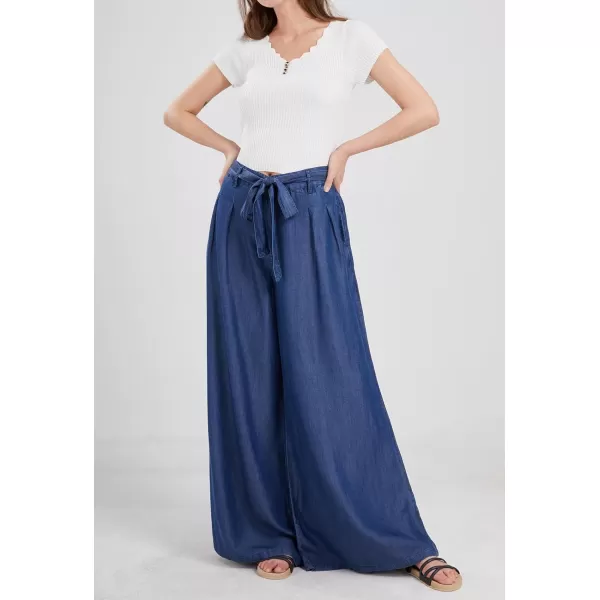 chouyatou Womens Casual Tie Knot Denim Pant High Waist Wide Leg Dressy Jean Pants Palazzo Culottes with PocketsDark Blue