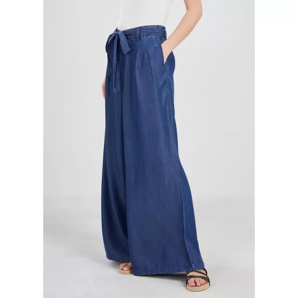 chouyatou Womens Casual Tie Knot Denim Pant High Waist Wide Leg Dressy Jean Pants Palazzo Culottes with PocketsDark Blue