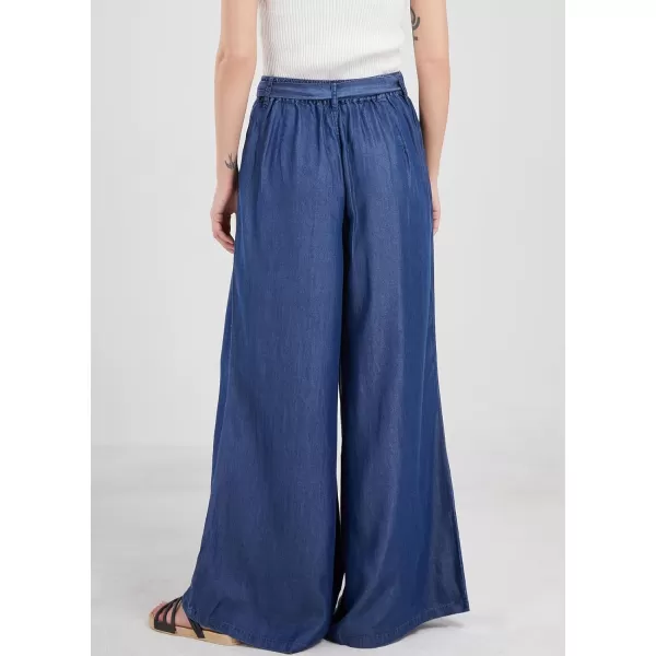 chouyatou Womens Casual Tie Knot Denim Pant High Waist Wide Leg Dressy Jean Pants Palazzo Culottes with PocketsDark Blue