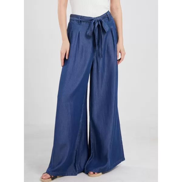 chouyatou Womens Casual Tie Knot Denim Pant High Waist Wide Leg Dressy Jean Pants Palazzo Culottes with PocketsDark Blue