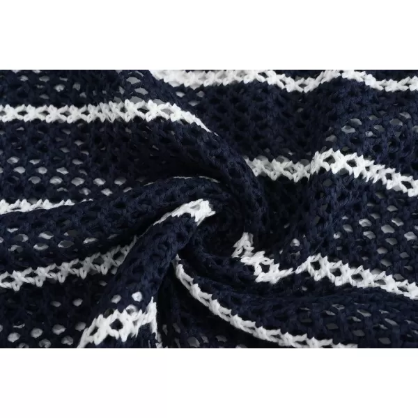 chouyatou Womens Crochet Knit 2 Piece Outfits Striped Oversized Pullover Hoodie and Wide Leg Shorts SetNavy Blue