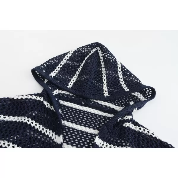 chouyatou Womens Crochet Knit 2 Piece Outfits Striped Oversized Pullover Hoodie and Wide Leg Shorts SetNavy Blue