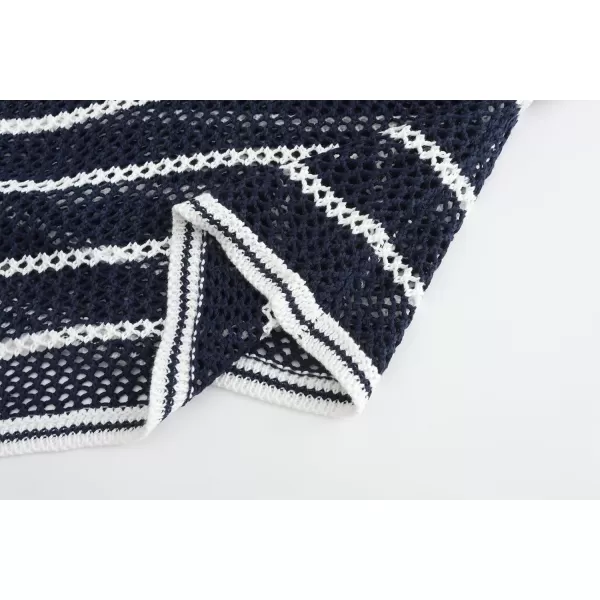 chouyatou Womens Crochet Knit 2 Piece Outfits Striped Oversized Pullover Hoodie and Wide Leg Shorts SetNavy Blue