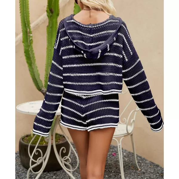 chouyatou Womens Crochet Knit 2 Piece Outfits Striped Oversized Pullover Hoodie and Wide Leg Shorts SetNavy Blue