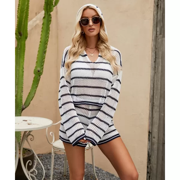 chouyatou Womens Crochet Knit 2 Piece Outfits Striped Oversized Pullover Hoodie and Wide Leg Shorts SetWhite