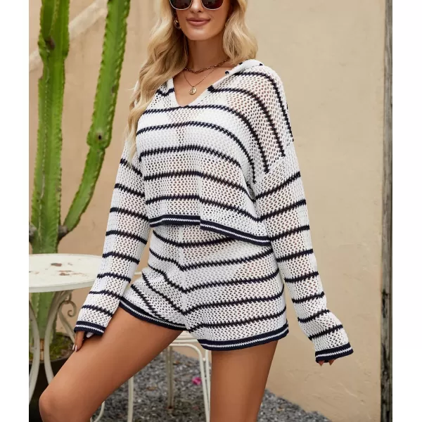 chouyatou Womens Crochet Knit 2 Piece Outfits Striped Oversized Pullover Hoodie and Wide Leg Shorts SetWhite