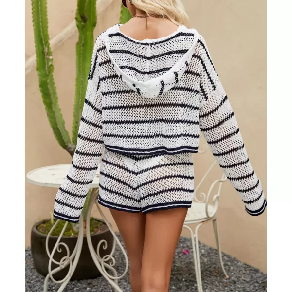 chouyatou Womens Crochet Knit 2 Piece Outfits Striped Oversized Pullover Hoodie and Wide Leg Shorts SetWhite