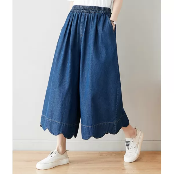chouyatou Womens Cute Scalloped Hem Baggy Capri Jeans Wide Leg Elastic Waist Cropped Denim Pants with PocketsDark Blue