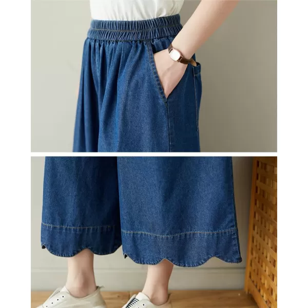 chouyatou Womens Cute Scalloped Hem Baggy Capri Jeans Wide Leg Elastic Waist Cropped Denim Pants with PocketsDark Blue