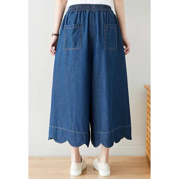 chouyatou Womens Cute Scalloped Hem Baggy Capri Jeans Wide Leg Elastic Waist Cropped Denim Pants with PocketsDark Blue
