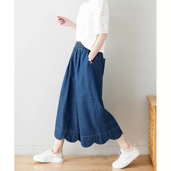 chouyatou Womens Cute Scalloped Hem Baggy Capri Jeans Wide Leg Elastic Waist Cropped Denim Pants with PocketsDark Blue