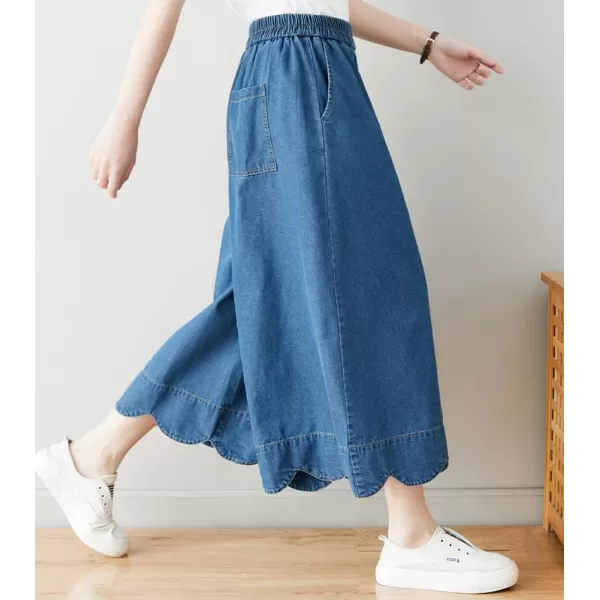 chouyatou Womens Cute Scalloped Hem Baggy Capri Jeans Wide Leg Elastic Waist Cropped Denim Pants with PocketsLight Blue