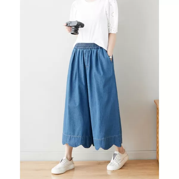 chouyatou Womens Cute Scalloped Hem Baggy Capri Jeans Wide Leg Elastic Waist Cropped Denim Pants with PocketsLight Blue