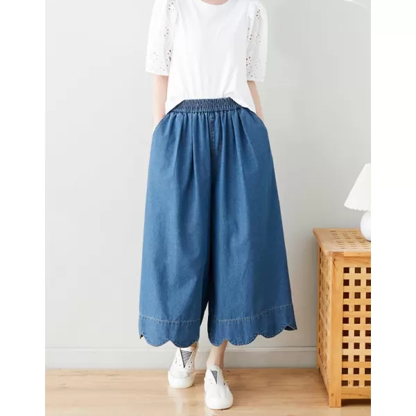chouyatou Womens Cute Scalloped Hem Baggy Capri Jeans Wide Leg Elastic Waist Cropped Denim Pants with PocketsLight Blue