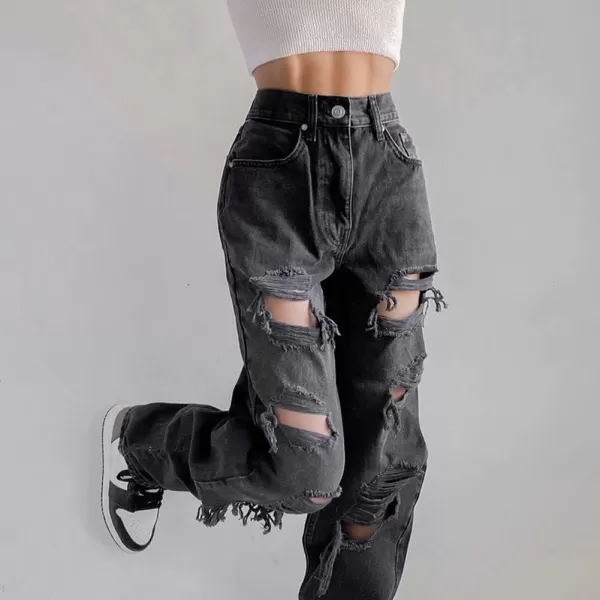 chouyatou Womens Distressed Ripped High Waist Wide Leg Y2k Baggy Jeans Denim PantsBlack