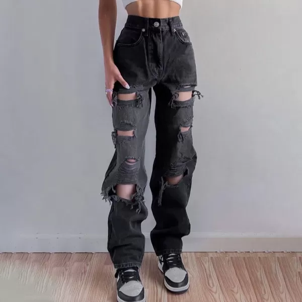 chouyatou Womens Distressed Ripped High Waist Wide Leg Y2k Baggy Jeans Denim PantsBlack