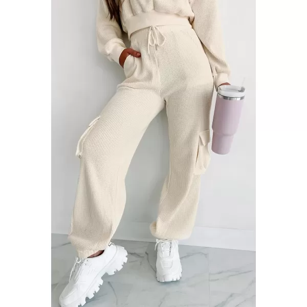 chouyatou Womens Fall 2 Piece Outfits Waffle Knit Sweatsuits Crop Sweatshirt Y2K Cargo Sweatpants SetsBeige