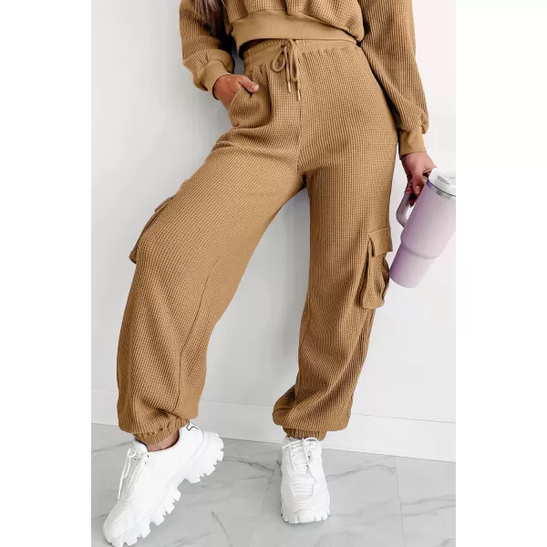 chouyatou Womens Fall 2 Piece Outfits Waffle Knit Sweatsuits Crop Sweatshirt Y2K Cargo Sweatpants SetsKhaki