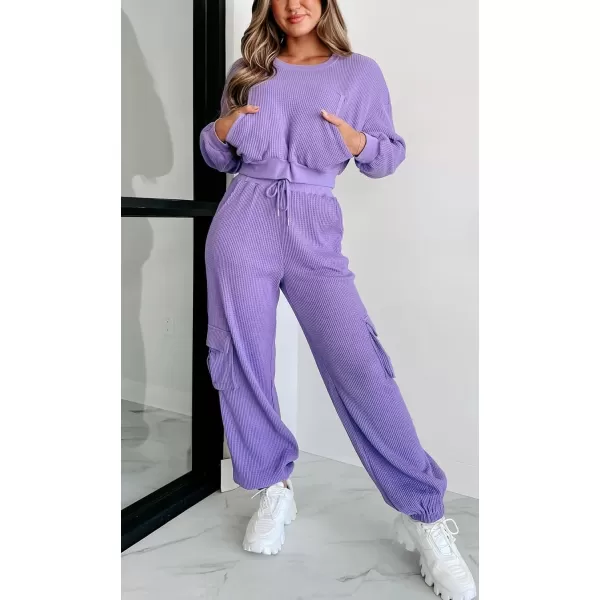 chouyatou Womens Fall 2 Piece Outfits Waffle Knit Sweatsuits Crop Sweatshirt Y2K Cargo Sweatpants SetsPurple