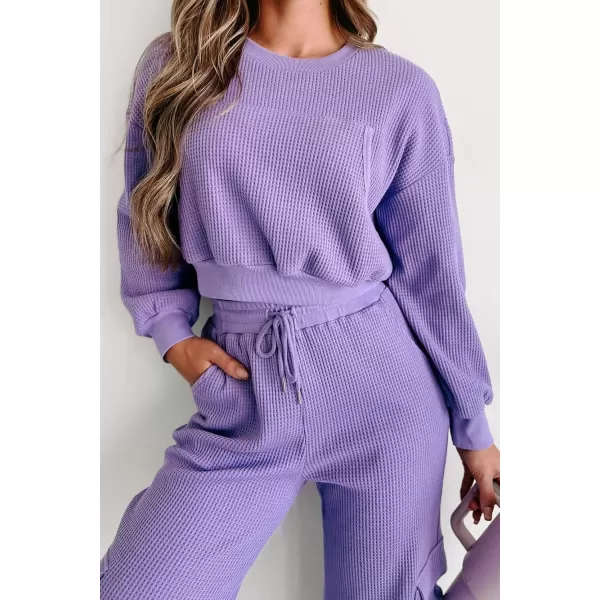 chouyatou Womens Fall 2 Piece Outfits Waffle Knit Sweatsuits Crop Sweatshirt Y2K Cargo Sweatpants SetsPurple