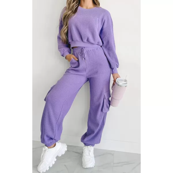 chouyatou Womens Fall 2 Piece Outfits Waffle Knit Sweatsuits Crop Sweatshirt Y2K Cargo Sweatpants SetsPurple