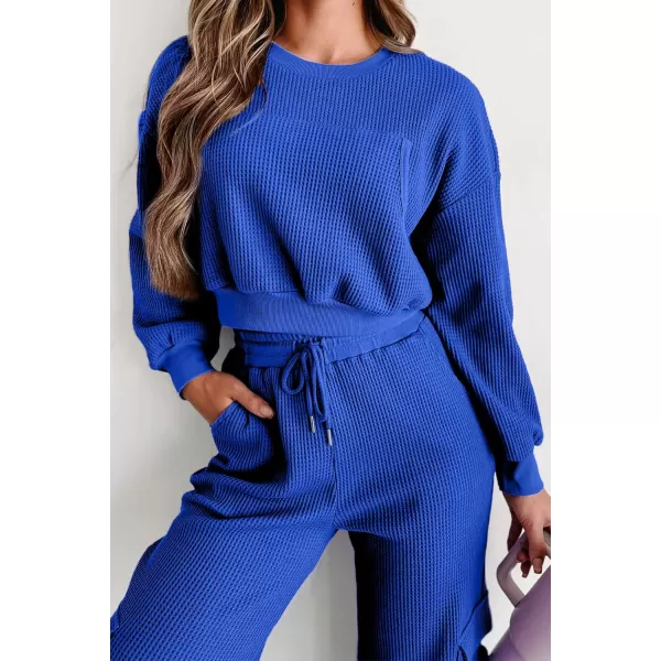 chouyatou Womens Fall 2 Piece Outfits Waffle Knit Sweatsuits Crop Sweatshirt Y2K Cargo Sweatpants SetsRoyal Blue