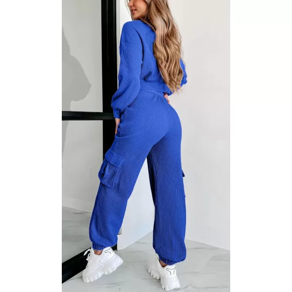 chouyatou Womens Fall 2 Piece Outfits Waffle Knit Sweatsuits Crop Sweatshirt Y2K Cargo Sweatpants SetsRoyal Blue