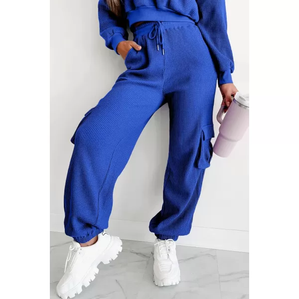chouyatou Womens Fall 2 Piece Outfits Waffle Knit Sweatsuits Crop Sweatshirt Y2K Cargo Sweatpants SetsRoyal Blue