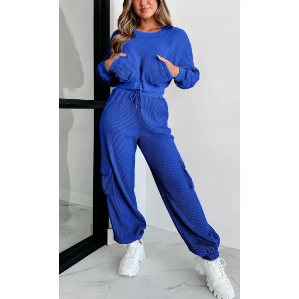 chouyatou Womens Fall 2 Piece Outfits Waffle Knit Sweatsuits Crop Sweatshirt Y2K Cargo Sweatpants SetsRoyal Blue