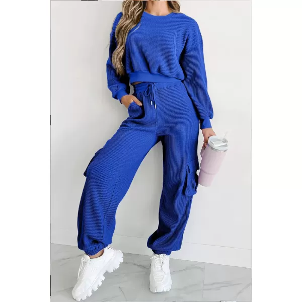 chouyatou Womens Fall 2 Piece Outfits Waffle Knit Sweatsuits Crop Sweatshirt Y2K Cargo Sweatpants SetsRoyal Blue