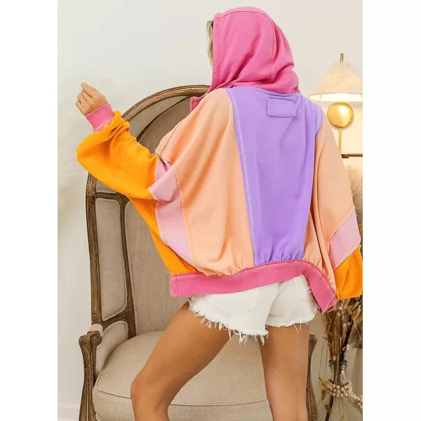 chouyatou Womens Fall Warm Color Block Zip Up Jacket Oversized Winter Casual Y2K Sweatshirt Hoodie TopsOrange