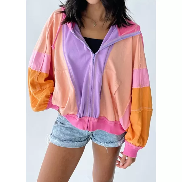 chouyatou Womens Fall Warm Color Block Zip Up Jacket Oversized Winter Casual Y2K Sweatshirt Hoodie TopsOrange